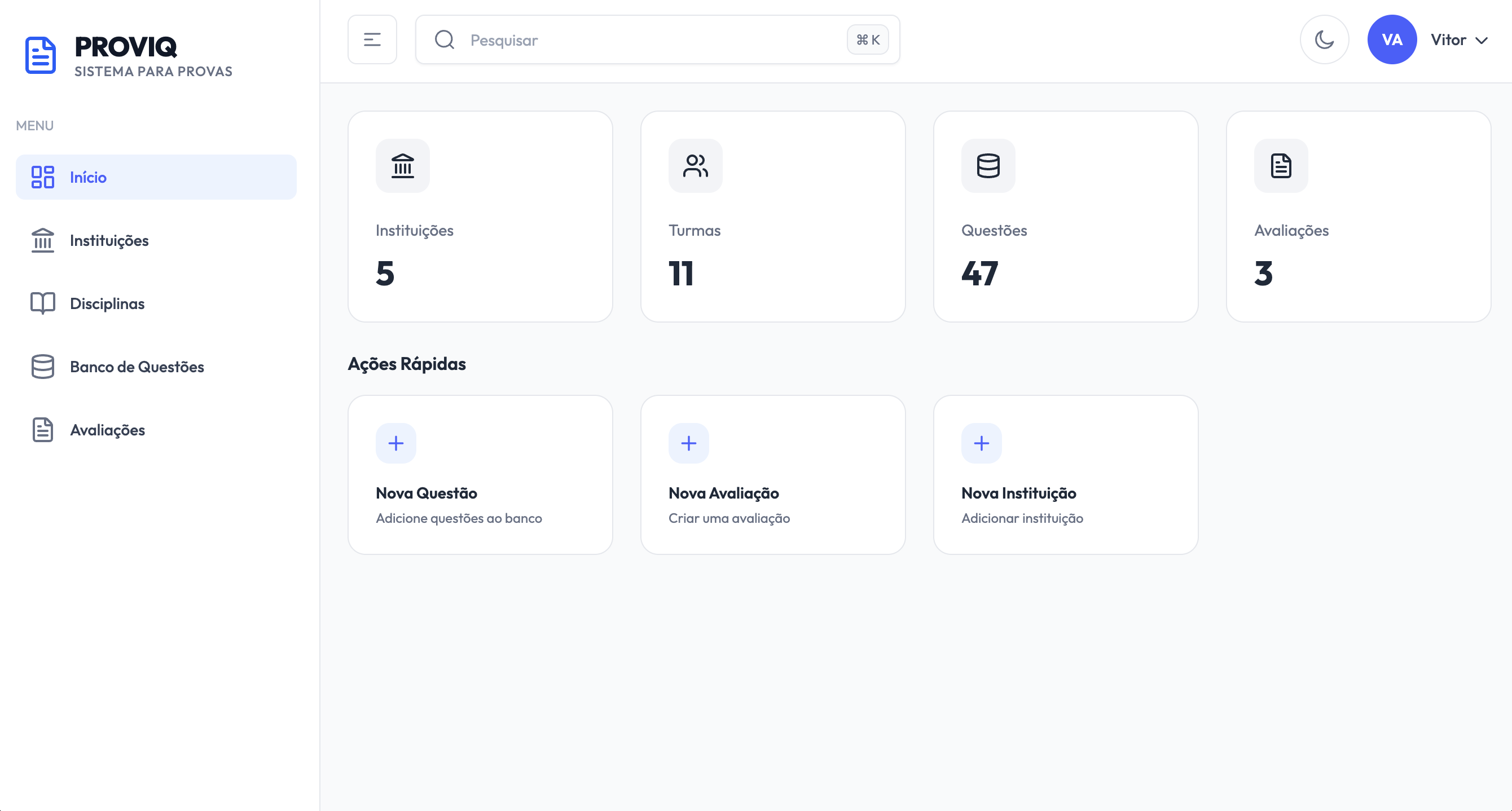 Dashboard do Proviq mostrando métricas e acesso rápido